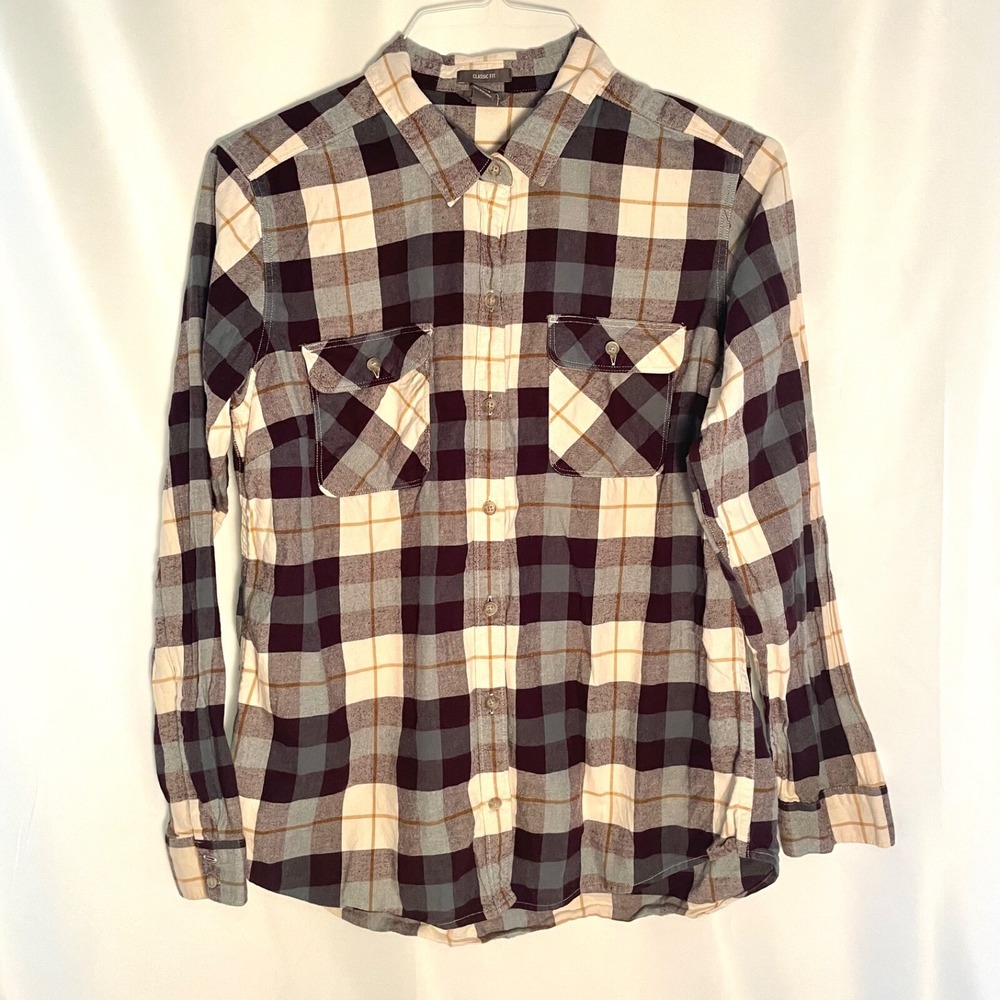Eddie Bauer Womens Sz L Purple Teal Plaid Flannel Button Front Cotton Shirt